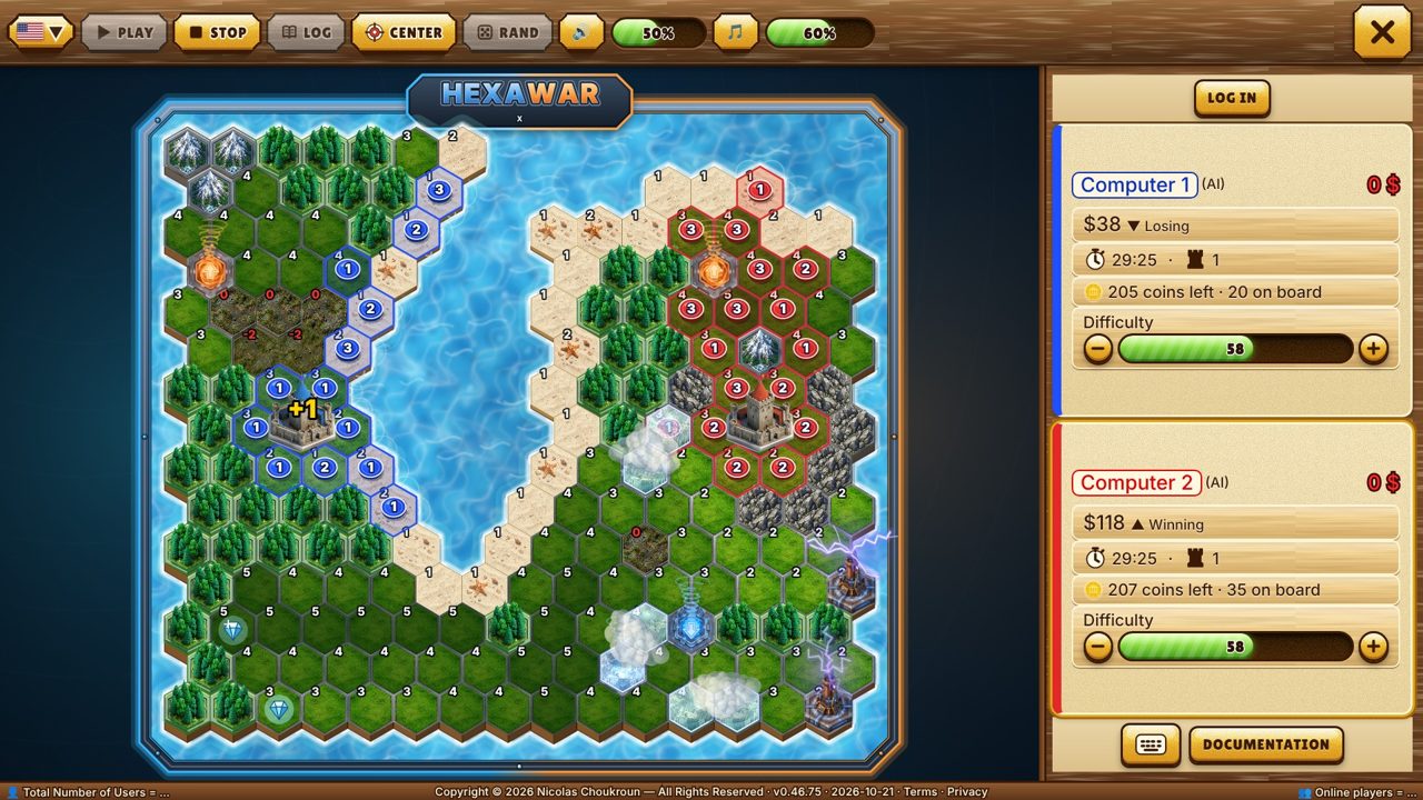 A HexaWar match in progress: blue and red coin stacks across a hex battlefield with forests, water and castles.