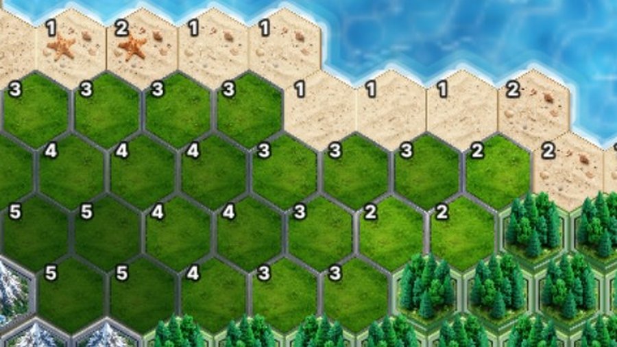 Sand beaches along the water with value markers.