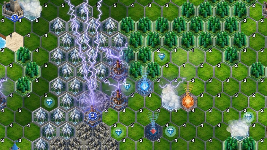 A Tesla coil firing ten lightning bolts at ten enemy stacks.