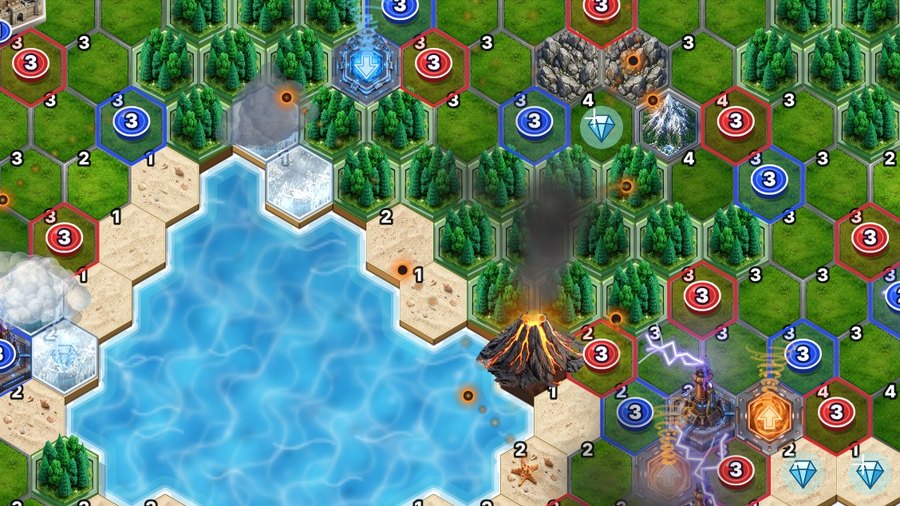 A volcano erupting, throwing lava rocks at coins on both sides.