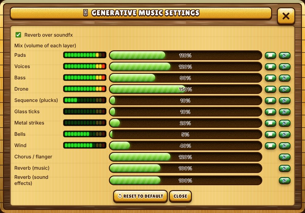 The generative music mixer: nine layers with live VU meters.