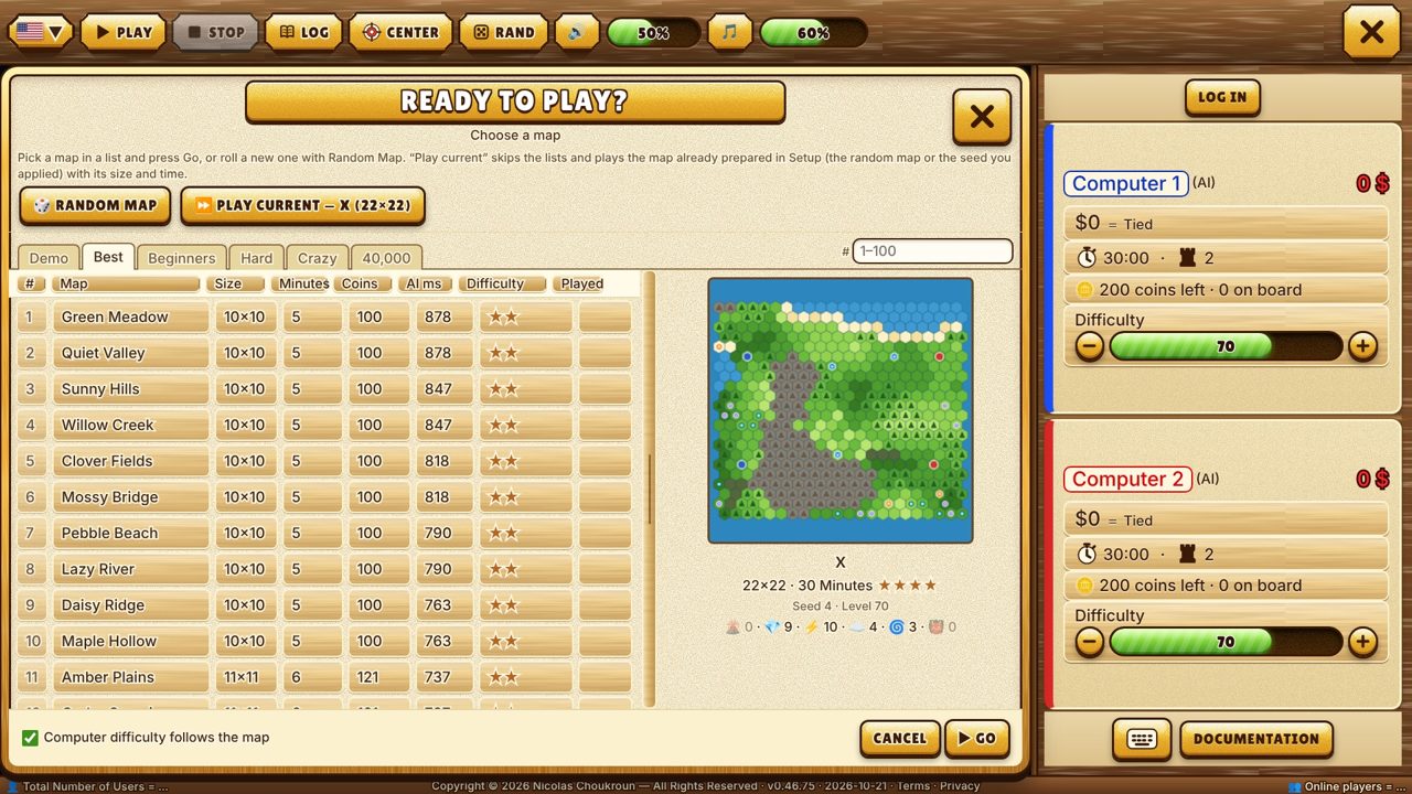 The Ready to play screen listing maps with difficulty, size and time.
