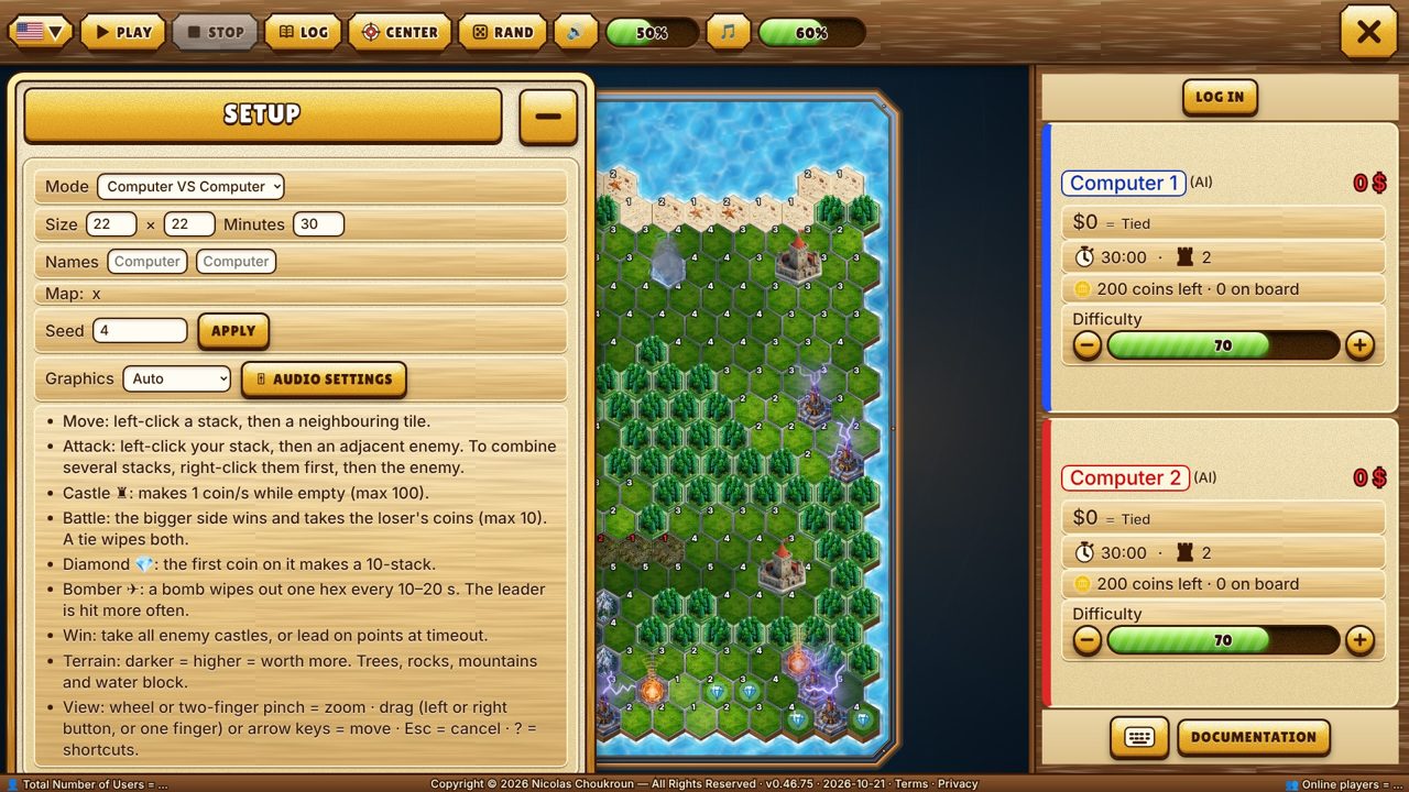 The HexaWar setup panel: mode, board size, minutes, player names, seed and computer level.